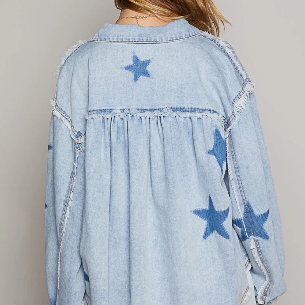 POL Star Patch Raw Hem Button Up Denim Lightweight Shacket relaxed oversized fit - Picture 3 of 9